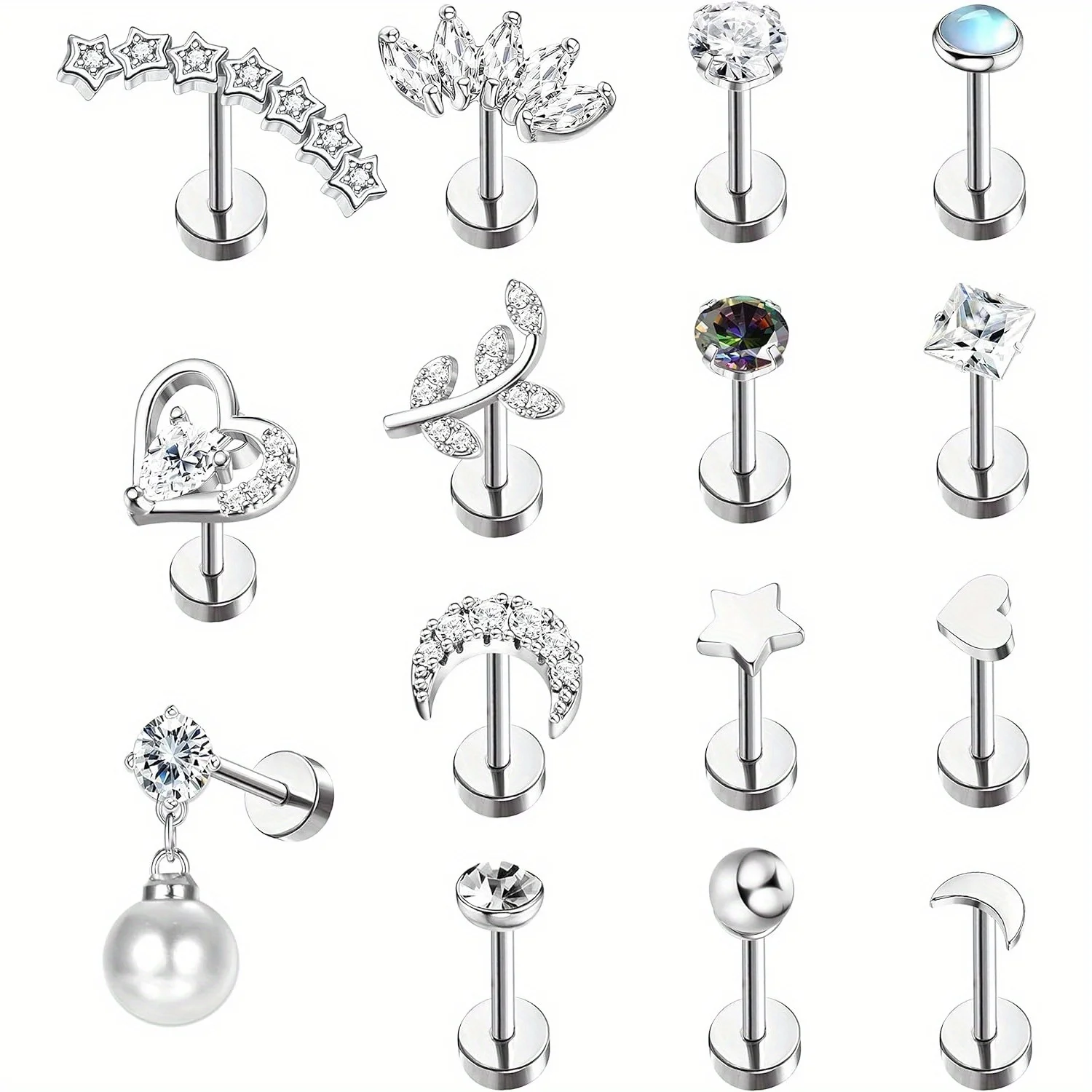 Drperfect Stainless Steel Cartilage Stud Earrings for Women Opal Star Pearl Earring Studs Flower Studs Ear Piercing Jewelry