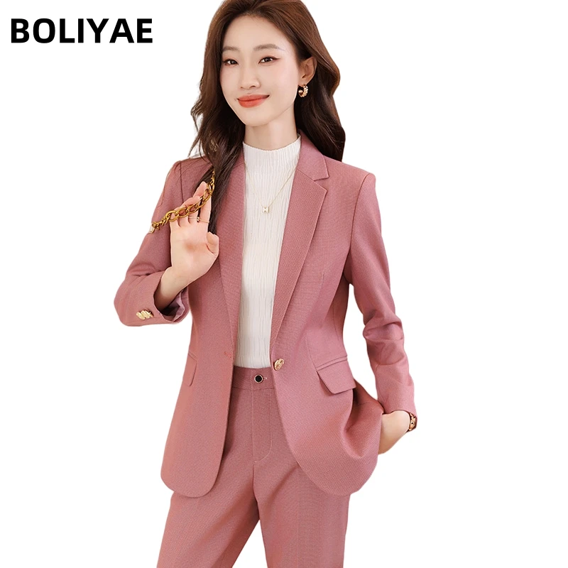 

Boliyae Formal Women Single Button Blazer and Pants Suits Ladies Spring Autumn Slim Office Business Work Wear Jacket Trousers