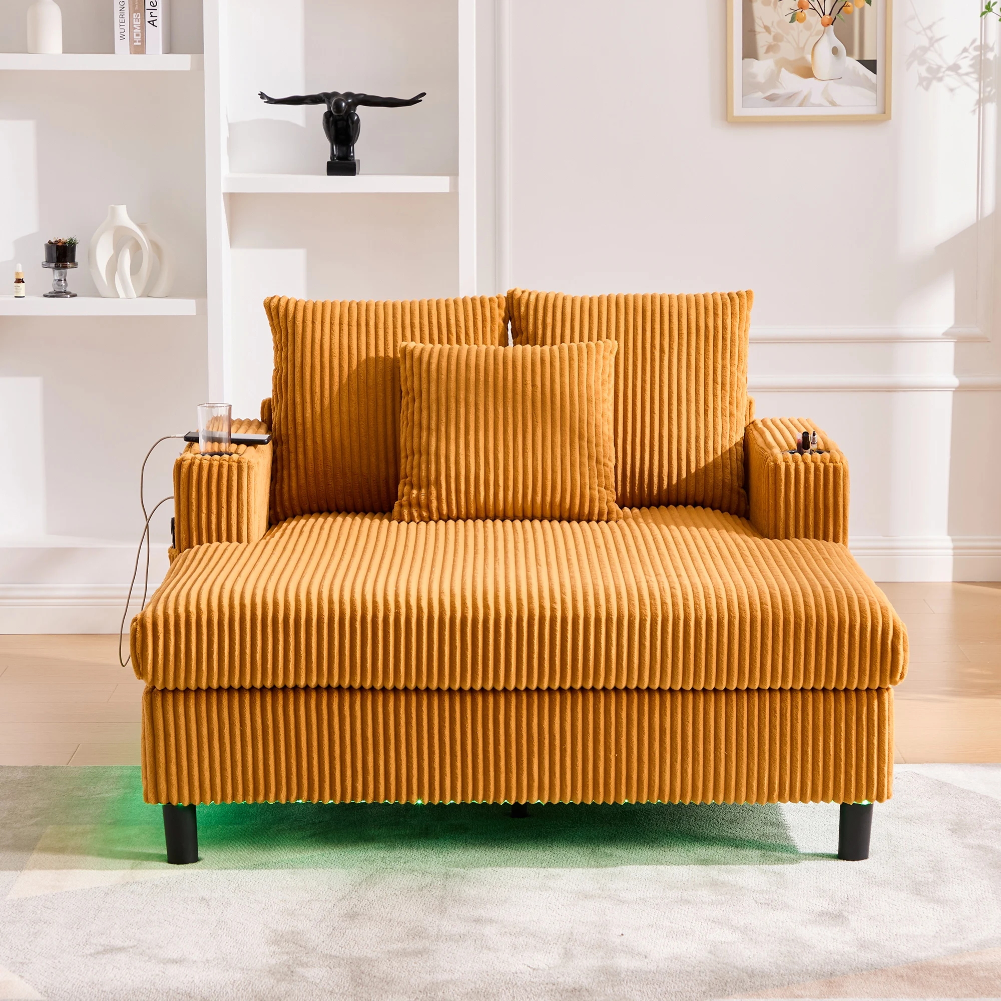 LVHOM Modernes Chaiselongue-Sofa mit Getränkehalter, USB-Anschluss und LED-Beleuchtung, großes Schlafsofa, geeignet für Wohnzimmer, Schlafzimmer – Detail 8