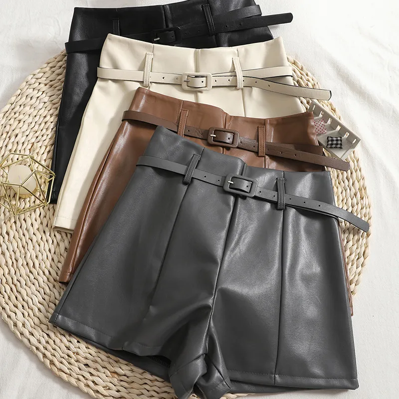 

With Belt 2022 Spring Autumn Straight PU Shorts Women High Waist Wide Leg Leather Shorts Female All Match A Line Casual Shorts