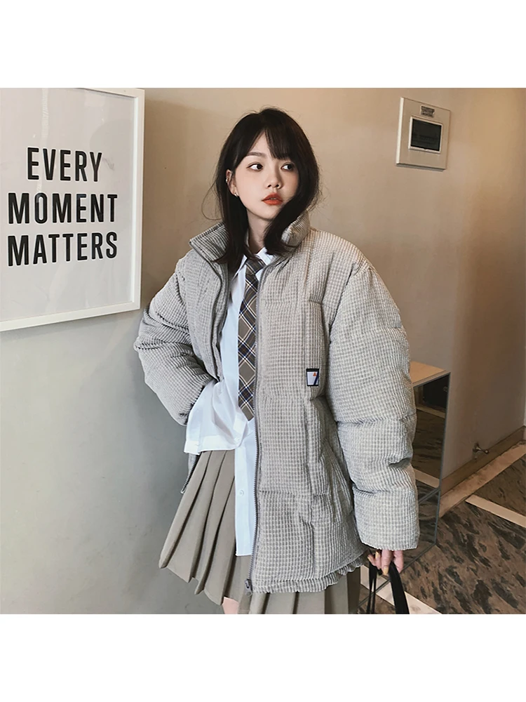 

Corduroy Jacket for Women Preppy Korean Style Short and Loose Zipper Down Cotton Coat Winter Clothes Women Office Lady Pockets