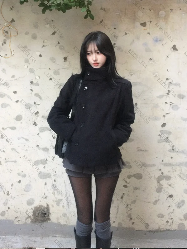 Street autumn/winter solid color women's turtleneck coat Y2K hip-hop retro Harajuku cute casual fashion versatile new women tops