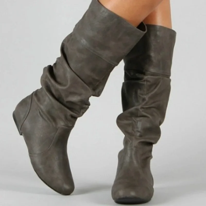 Women's Boots 2023 New Autumn and Winter Long Boots Leather Cover Knee Length Boots Flat Bottom Round Head Pleated Long Boots