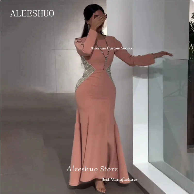 Aleeshuo-vestidos de graduación de sirena con cuello redondo, manga larga, Sexy, plisado de cristal con cuentas brillantes, longitud hasta el suelo, Arabia Saudita, 2024