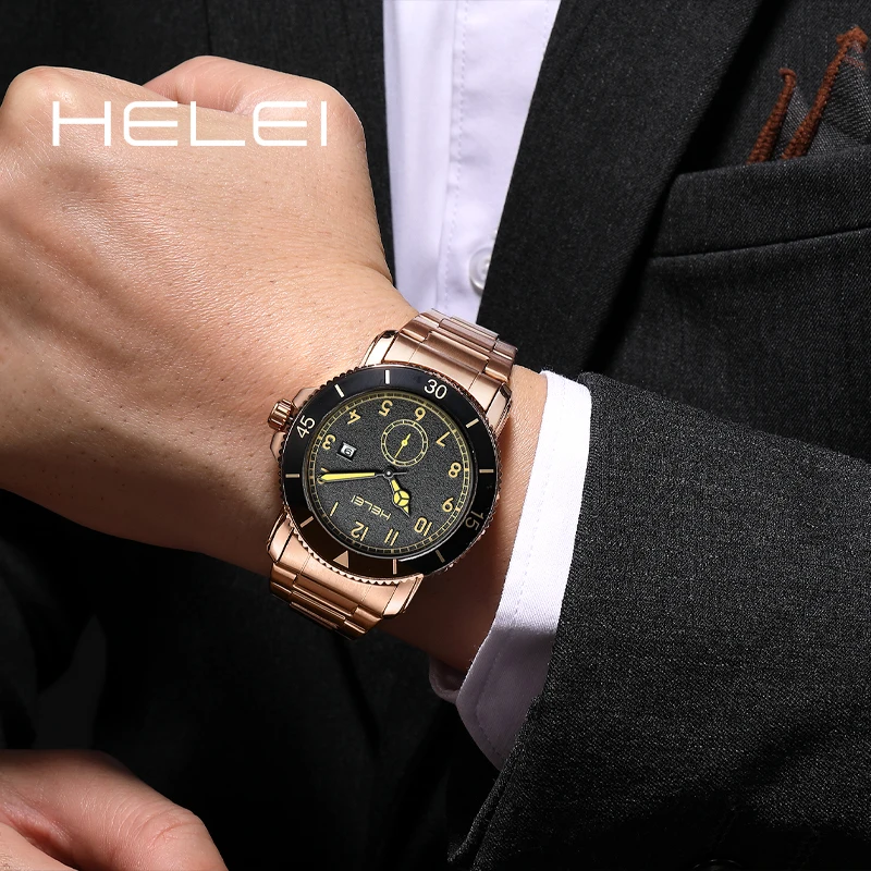 HELEI Original Classic Brand Men's Quartz Watch Waterproof Stainless Steel Fashion Trend Quartz Wristwatch Date Week Men's Gifts
