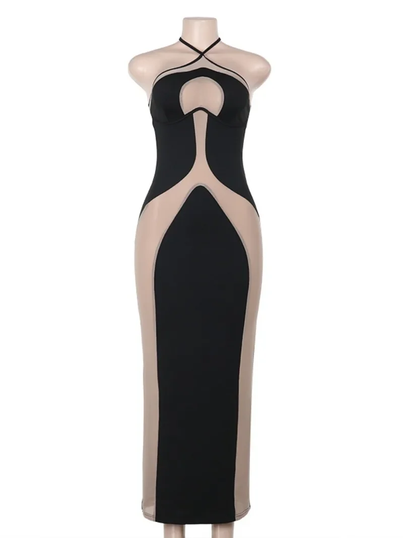 Mesh Patchwork Halter Neck Dresses for Women Sexy Lace-up Backless See-through Evening Dress Sleeveless Backless Long Party Robe 5