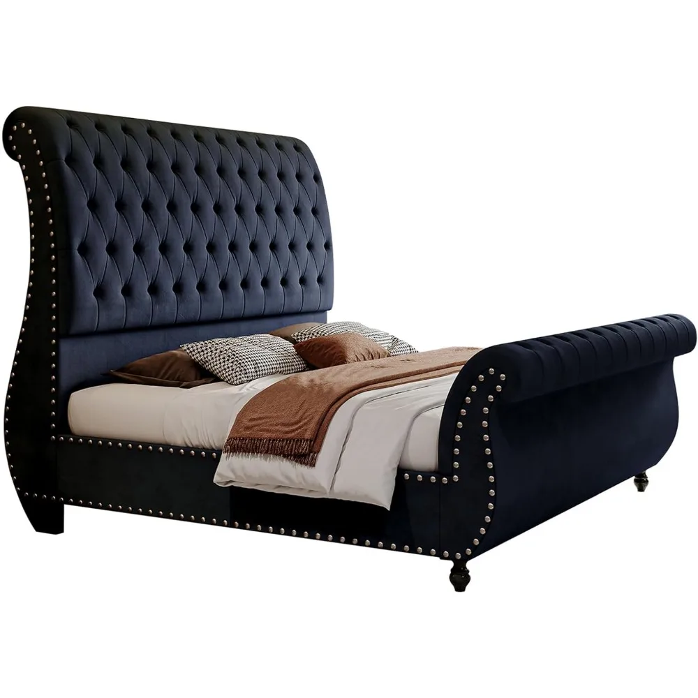 Queen Size Bed Frame, Velvet Upholstered Platform Sleigh Bed with Scroll Headboard & Footboard, Button Tufted 6