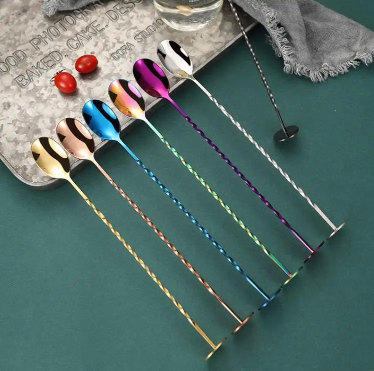 60pcs Stainless Steel Threaded Long Handle Vertical Bar Spoon Dessert Coffee Spoon Creative Bar Cocktail Mixing Ice ni361