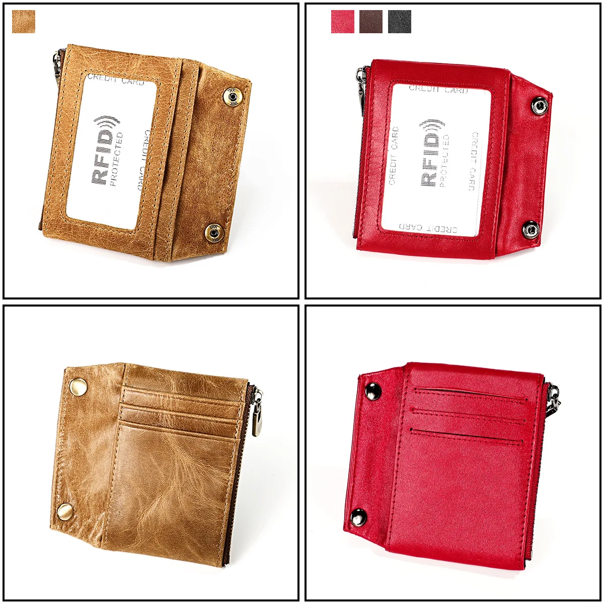 Men's genuine leather small wallet rfid zipper card holder wallet women's retro multifunctional short wallet Money clip