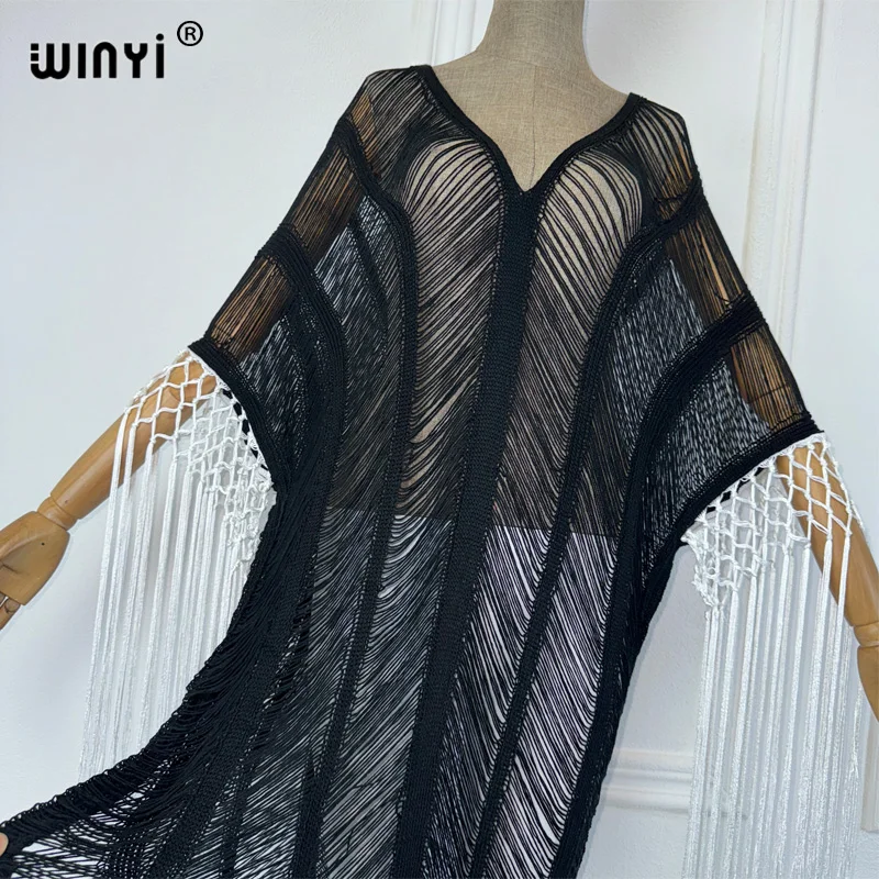 WINYI 퍼스펙티브 뜨게 할로우 코트 비치 기모노, 섹시한 원피스, 우아한 커버업 카디건, 여성용 해변 의상, 프린지 원피스