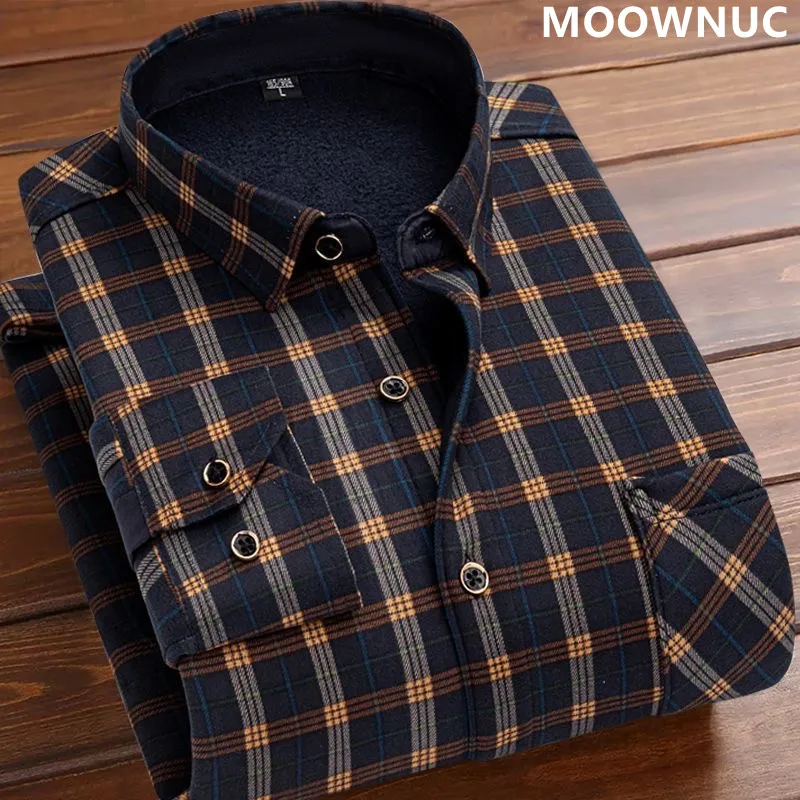2023 Autumn and Winter New Men\'s Classic Fashion Casual Slim Long-Sleeved Shirt Men\'s Plus Fleece Thickened Warm Plaid Shirt 5XL