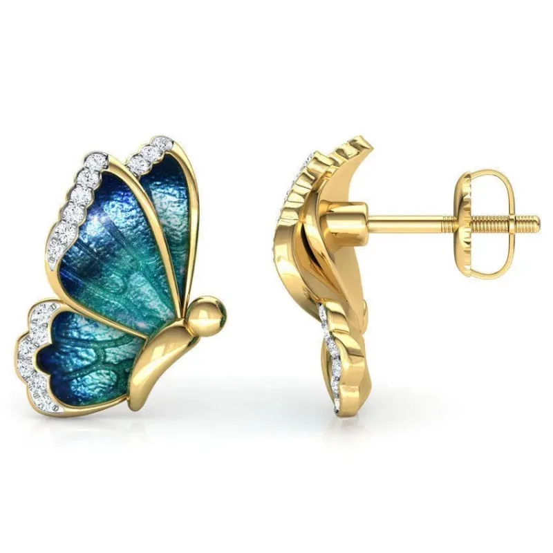 Fashion Alloy Oil Painted Butterfly Earrings for Women Vintage Rhinestone Zircon Insect Earrings Jewelry Çelik Küpe Toptan