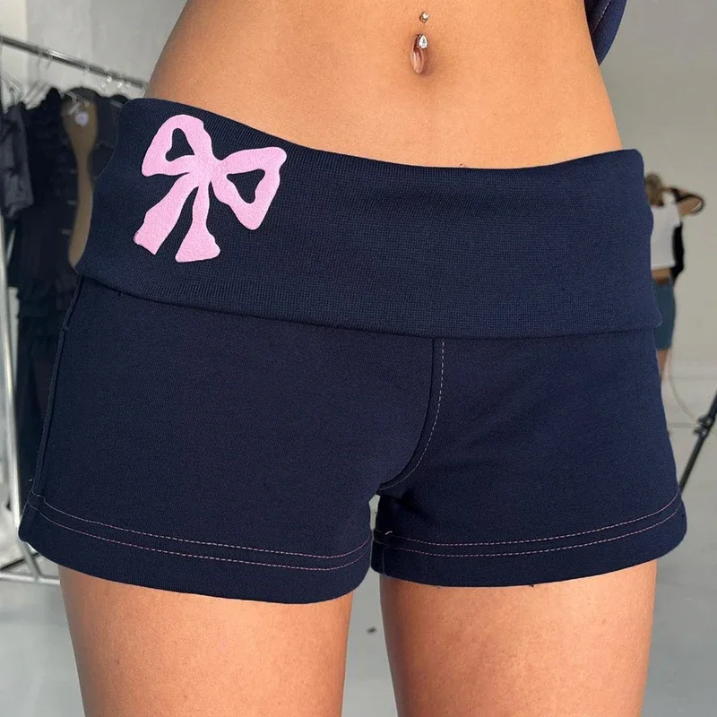 

Low Waist Women Slim Short Pants Y2K Casual Bow Print Shorts Vintage Chic Aesthetic Elastic Waist Cute Bottoms