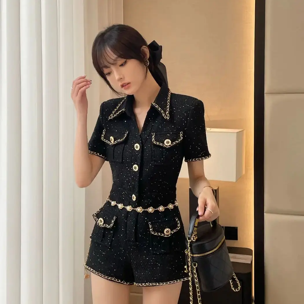 Playsuits Black Short Office Ladies Spring Summer Tweed Rompers Sleeve Slim Fit Designer Elegant High Waist Shorts Women Vintage