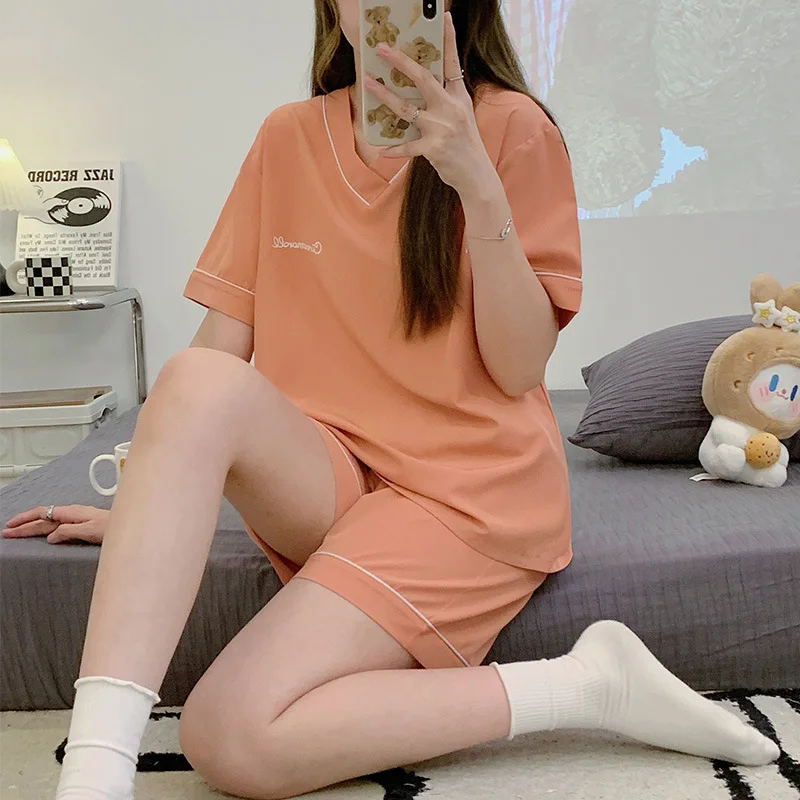 

Pyjamas Casual Pajamas Women's Simple V-neck Short-sleeved Shorts Student Sleepwear Suit Summer Home Wear Cloth Pijama Mujer