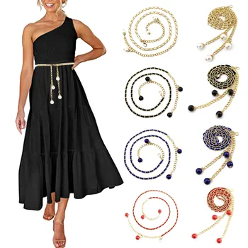 Elegant Pearl Thin Belts For Women Long Pearls Chain Metal Hook Dress Belts Summer Waistband Adjustable Elastic Belts 120*0.8cm 1