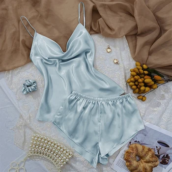 2025 2 قطعة العلامة التجارية الصيف الجديدة ملابس نوم نسائية امرأة رقيقة الحمالات المرأة منامة ملابس خاصة بلون الجليد الحرير بيجامة مجموعات 3