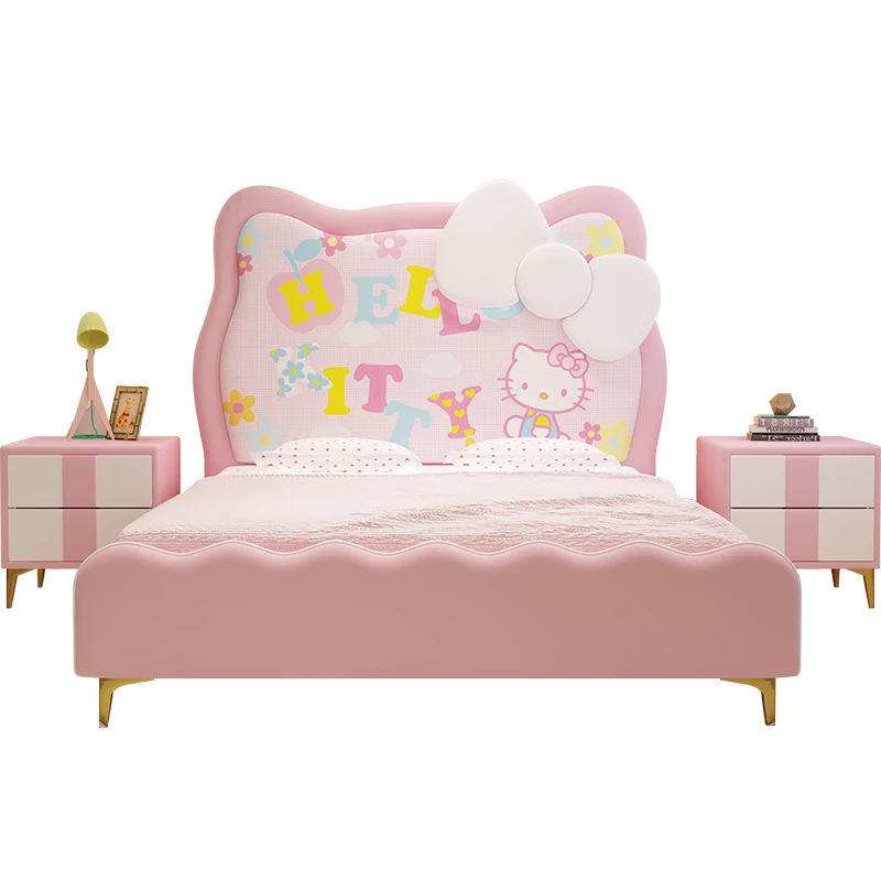 Children's bed girl 1.5 meters luxury cartoon Kitty cat single bed Princess bedroom solid wood leather pink