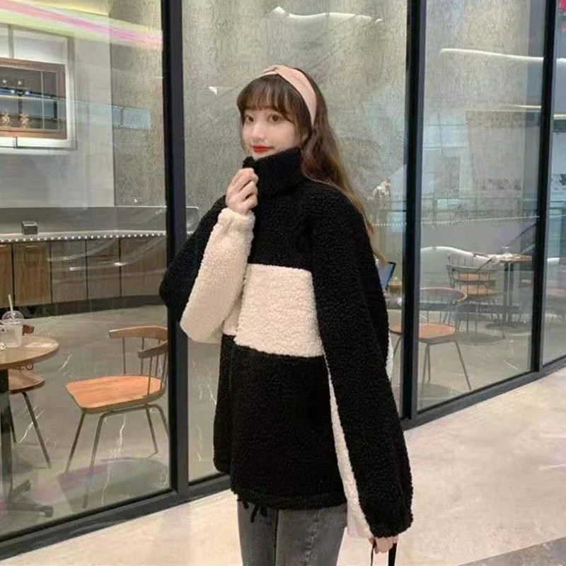 2023 Winter Women's Faux Lamb Coat Oversized Fashion Stitching Warm Plush Zipper Ladies Outerwear Casual Thicken Loose Jacket
