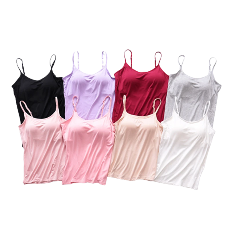 Women Summer Padded Bra Tank Top Modal Spaghetti Strap Solid Cami Top