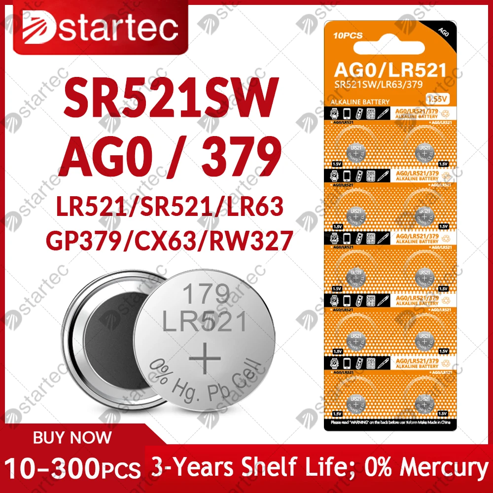 

10-300PCS LR521 AG0 Button Battery SR521SW 379A 379 179 D379 SR63 LR63 RW327 1.55V Alkaline Coin Cell Silver Oxide Watch Battery