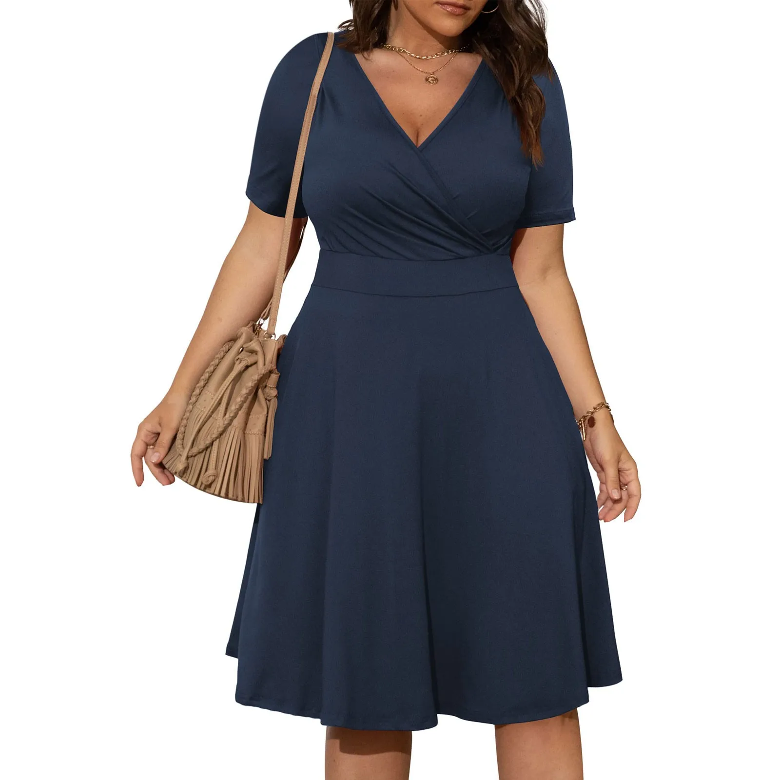 Vestido de verano liso de talla grande 5XL para mujer, vestido formal para ocasiones especiales, fiesta, vestido midi de manga corta, elegante, informal, holgado, de gran tamaño