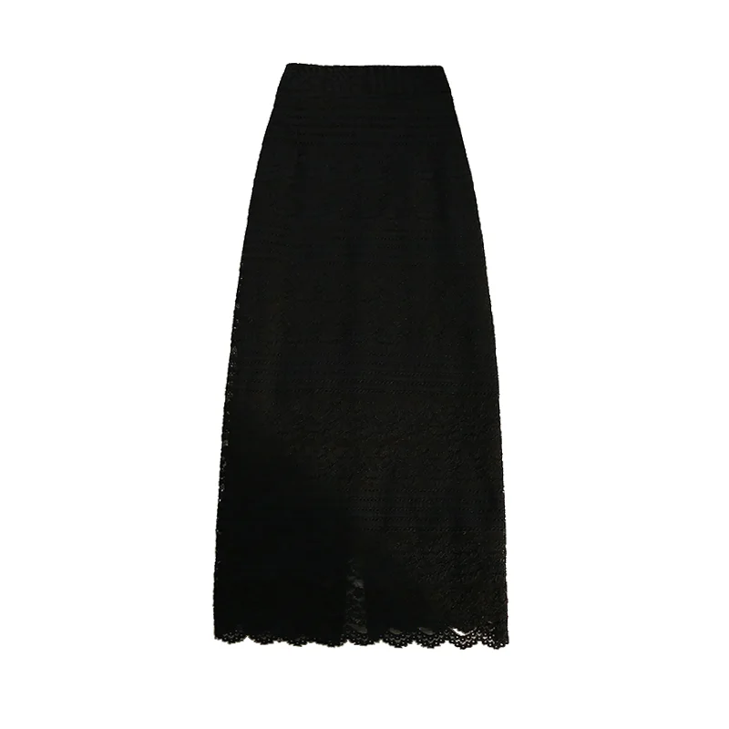 

Lace Hollow Out Women's High Waist Skirt Spring Summer New Chic Fashion Female Split Design Mid Length Straight Tube Skirt