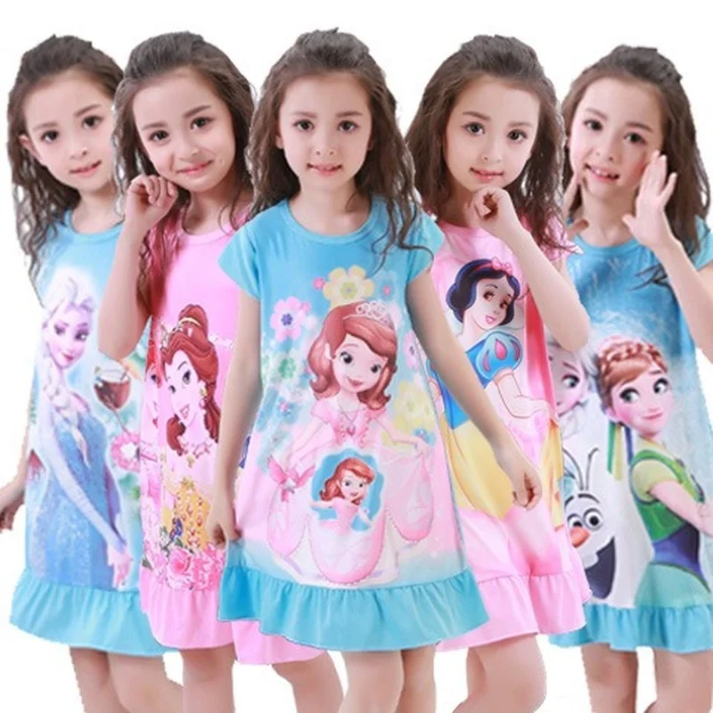 

Girls Princess Elsa Nightgowns Summer Short Sleeve Striped Cartoon Nightdress Knitted Pajamas Sleepwear Kids Girl Nightgown