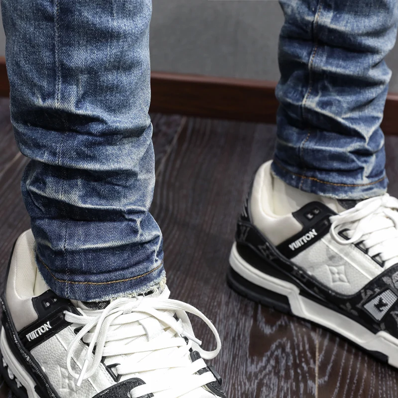 Latest Designer Street Fashion Men's Blue Elastic Jeans Retro Elastic Slim Fit Split Jeans Men's Retro Pants Spliced Hip Hop Blu