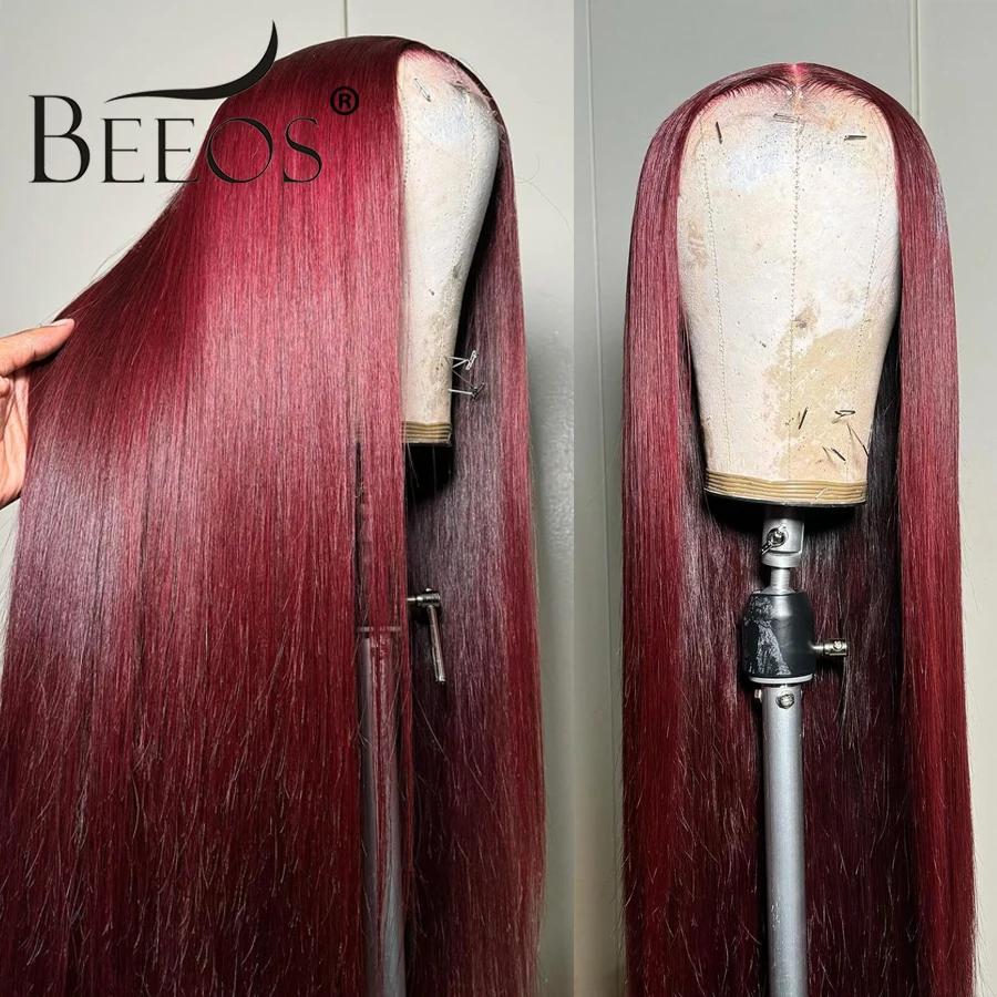 Peruca dianteira do laço transparente Glueless HD para mulheres, cabelo humano, osso reto, vermelho, Borgonha, 250%, 99j, 13x6, 13x6