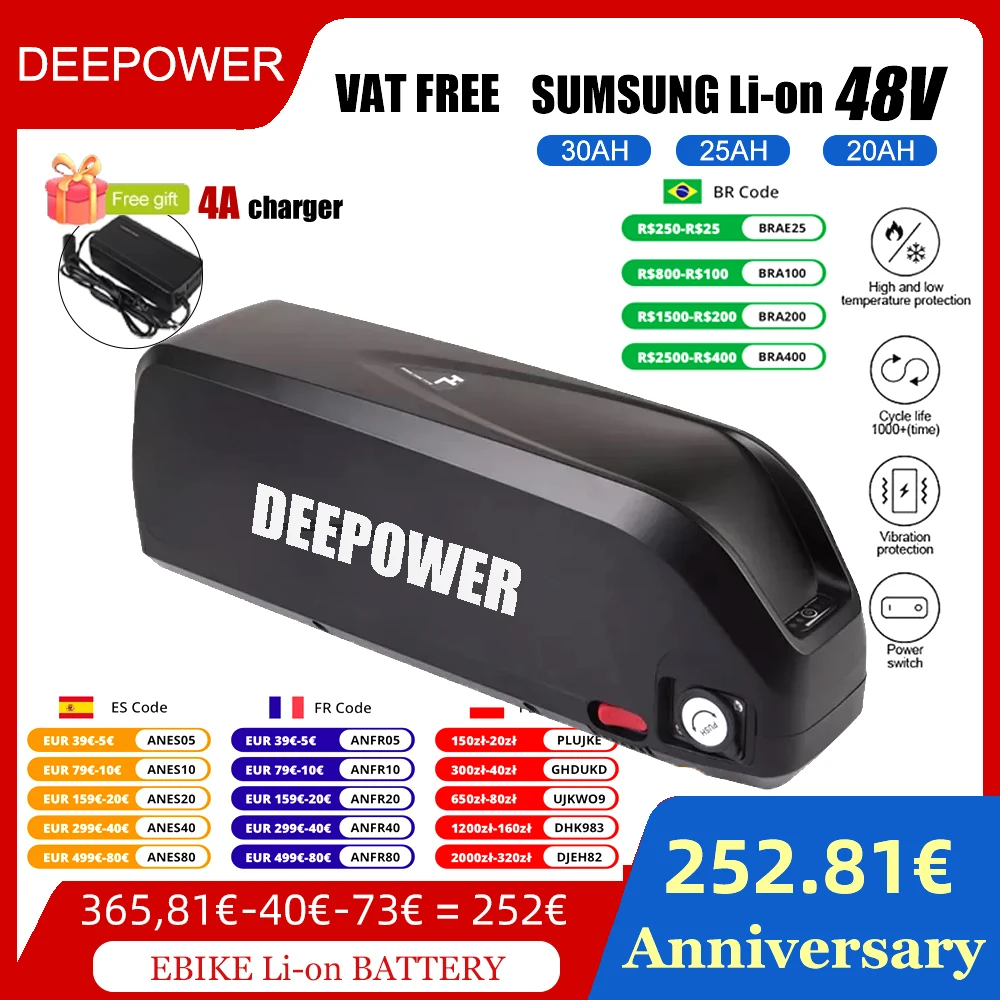 

DEEPOWER Orginal 18650 21700 36v 48v Hailong ebike lithium batterys 20Ah 30AH Spare external battery for Electric bicycle bike