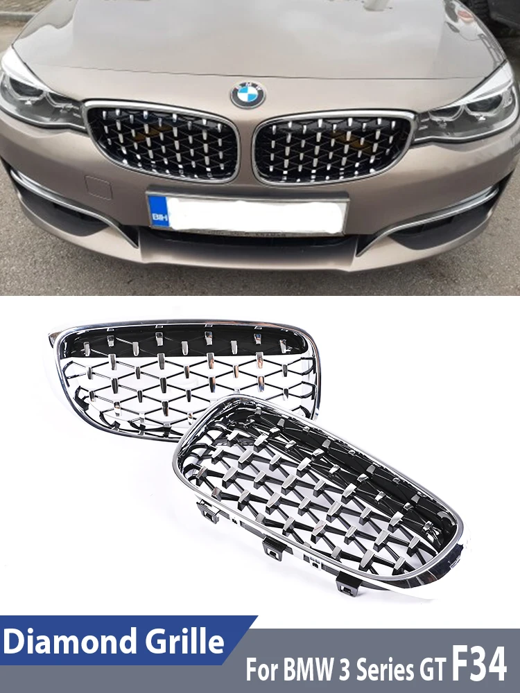 

Front Bumper Kidney Grille Diamond Chrome Style Racing Facelift Grills Cover For BMW 3 Series Gt F34 2013-2020 320I 328I 335I