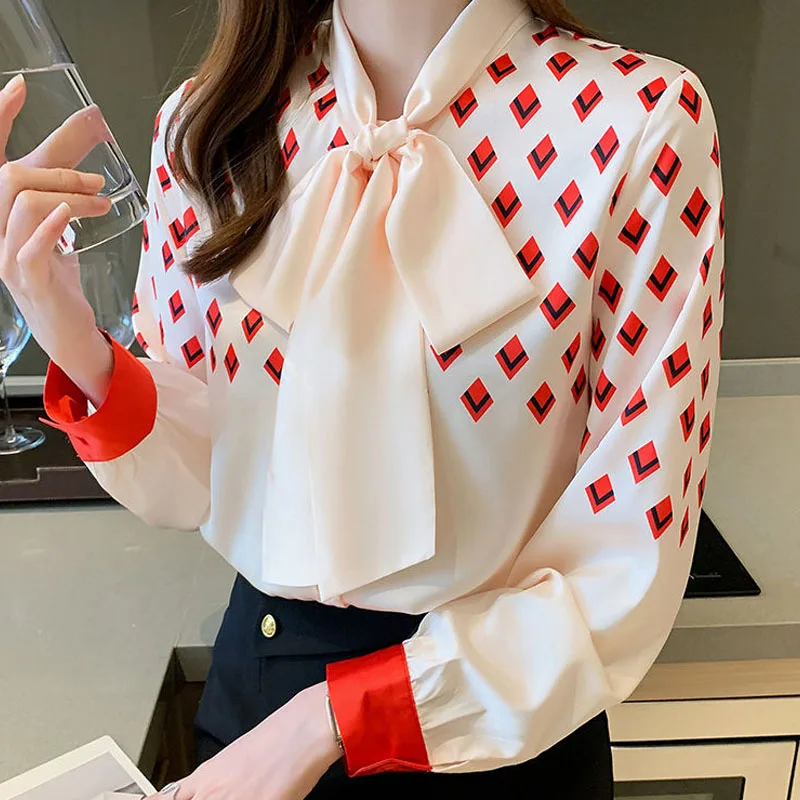 Elegant Fashion Long Sleeve Women's Printed Spliced Shirt Korean All-match Scarf Collar Lace Up Chiffon Blouse Female Clothing