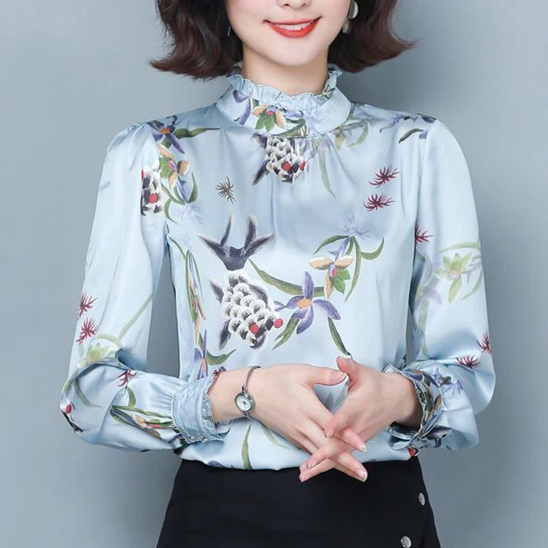 

Women's Korean Fashion Print Elegant Chic Blouse Spring Autumn Ruffle Stand Collar Shirt Long Sleeve Loose Tops Blusas De Mujer