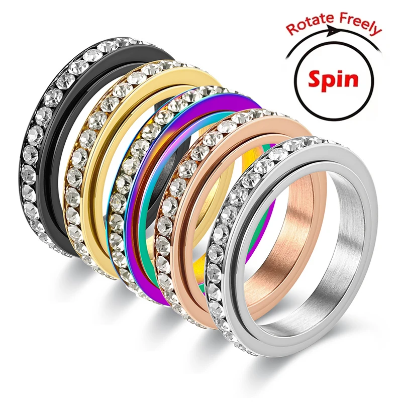 4mm New Stainless Steel Rotatable Wedding Ring Fashion Charm CZ Crystal Anniversary Rings For Women Girls Jewelry Wholesale vintage fashion sun moon star spinner ring for men stress release ring rotatable fidget ring bohemian jewelry gift wholesale