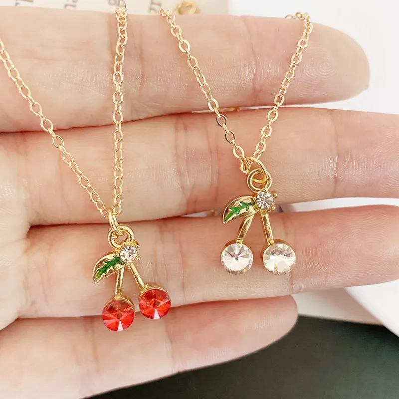 Kırmızı Kristal Kiraz Kolye Kolye Kızlar için Sevimli Moda Altın Renk Köprücük Kemiği Zincir Hediye Takı Bir Dilek Kolye Olun_voghion.com