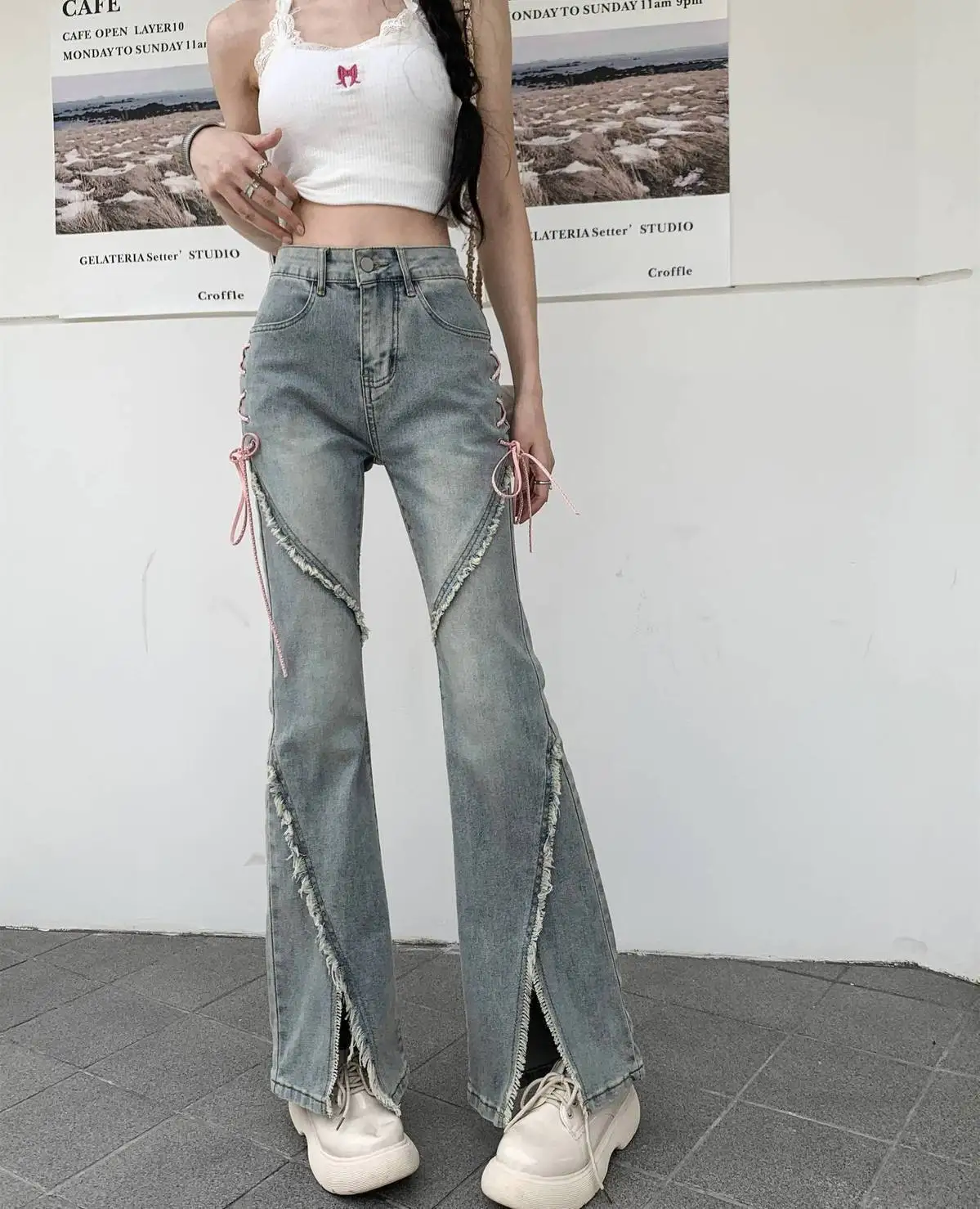 

American Split Jeans Women Pink Bandage High Waist Irregular Spliced Denim Pants Zipper Fly Trousers Y2k Pantalon Femme