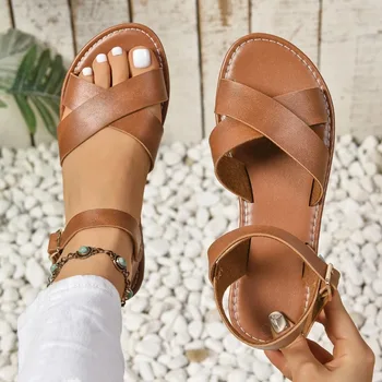 2026 New  Leather Roman Sandals Women Summer New Soft Sole Women's Casual Flat Sandal Brown Color Comfortable Shoes for Women 1