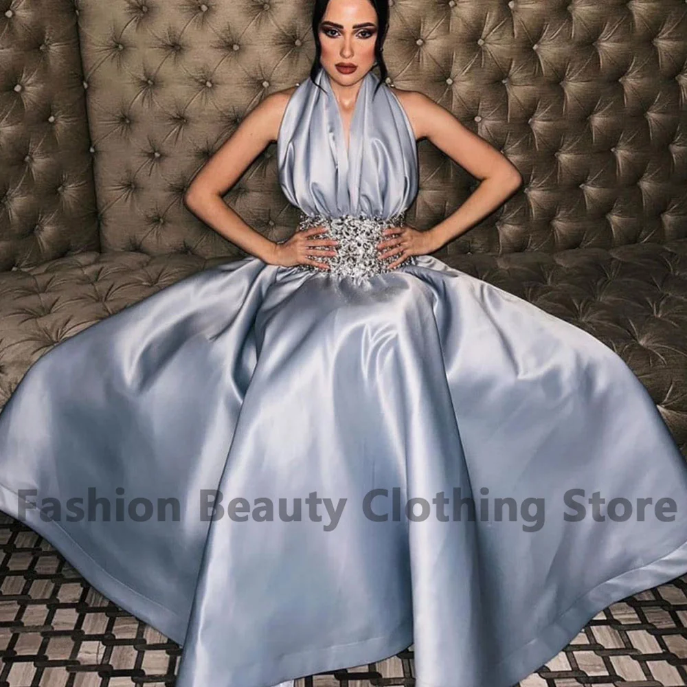 

Gorgeous A-Line Prom Dress Halter Neck Pleated Beading With Crystal Draped Backless Ankle-Length Elegant Women's вечернее платье