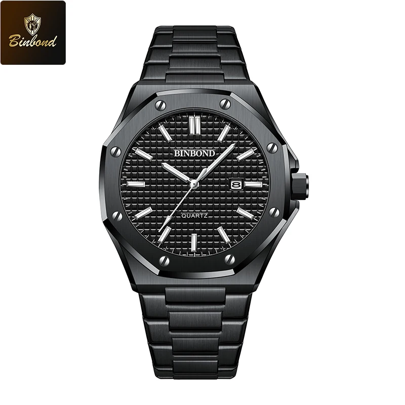BINBOND Silver Stainless Steel Men's Quartz Watch with Luminous Display and Calendar