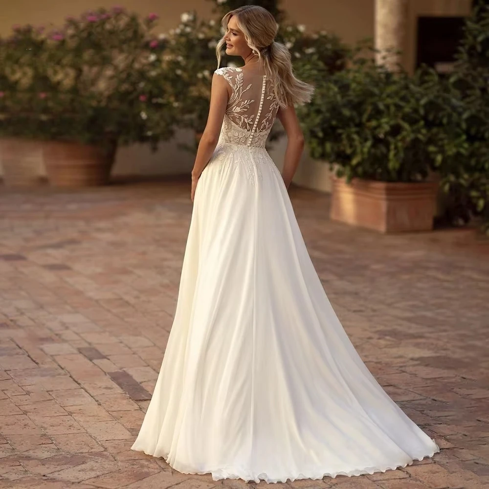 Boho Simple Chiffon Wedding Dresses Lace Applique Cap Sleeve Sweetheart Illusion Button Back Bridal Gown with Slit
