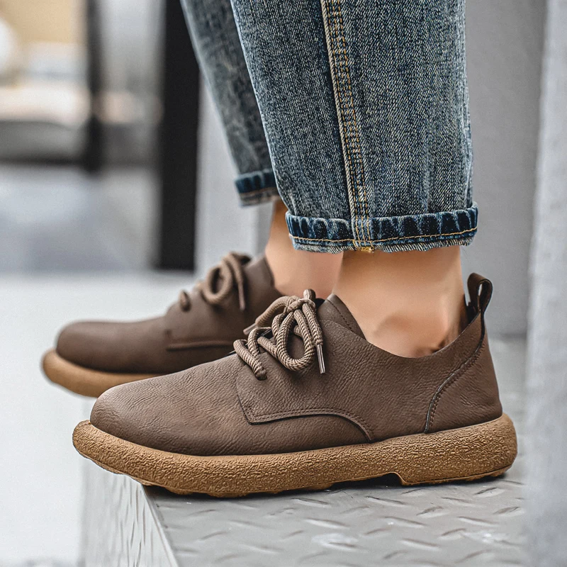 Mode Männer Casual Schuhe Retro Atmungsaktive Leder Schuhe Bequeme Arbeit Schuhe Lace-up Leichte Walking Fahren Schuhe – Detail 7