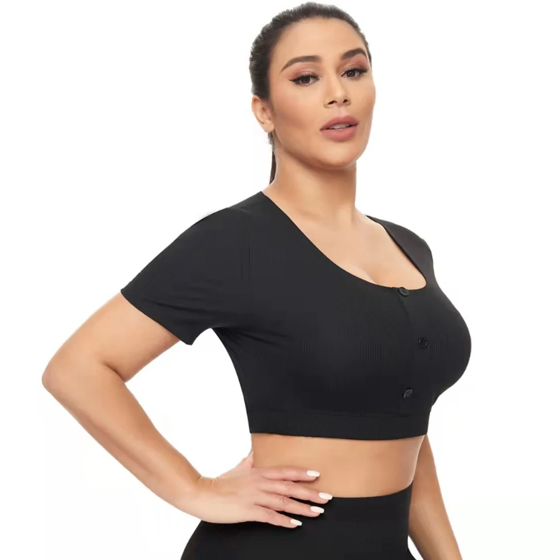 white leggings Knitted Fitness Crop Top Seamless High Waist Black Leggings Short Sleeve Button Yoga Shirt Sexy Butt Lifting Leggins Push Up capri leggings