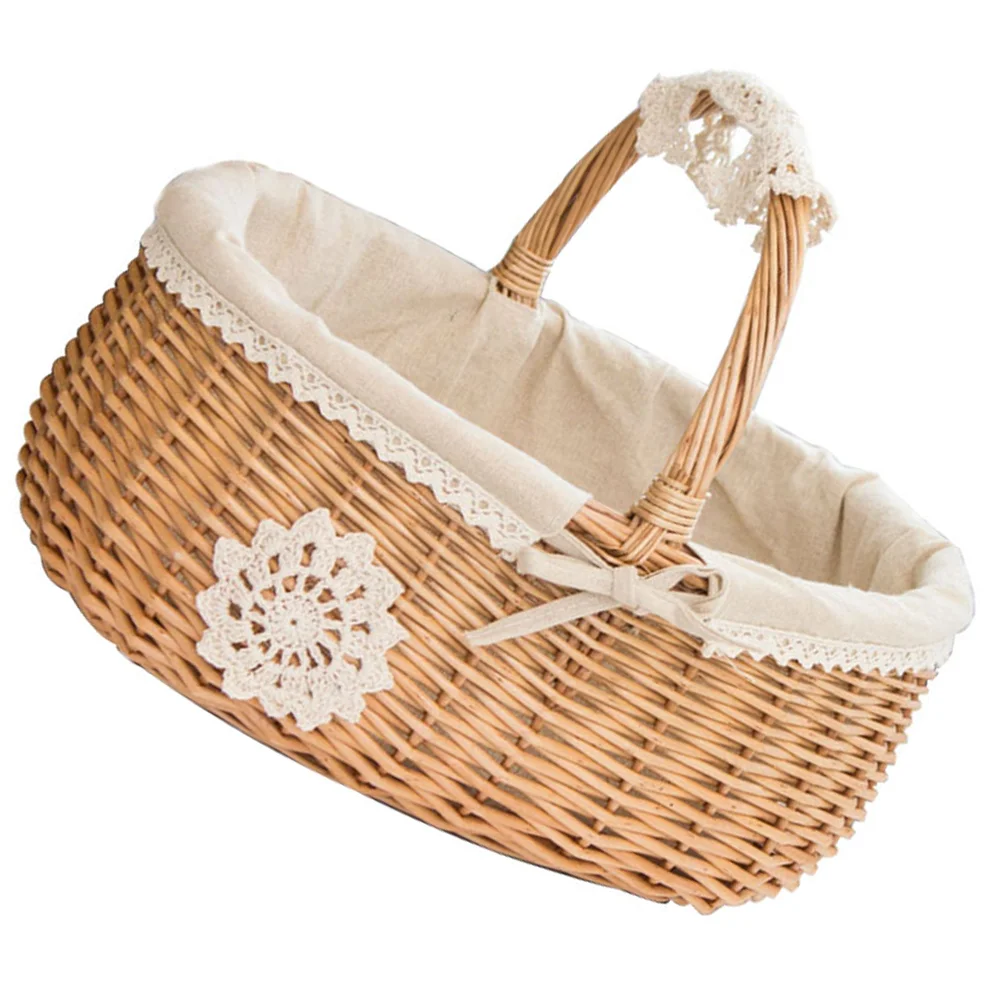 Wicker Storage Basket Metal Shopping Fruit for Kitchen Picnic Foldable Woven Decorative Tray 2