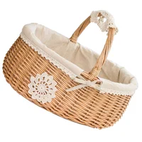 Wicker Storage Basket Metal Shopping Fruit for Kitchen Picnic Foldable Woven Decorative Tray 2