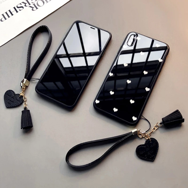 Love Heart Tassel Lanyard Phone Case with Tempered Glass Cover