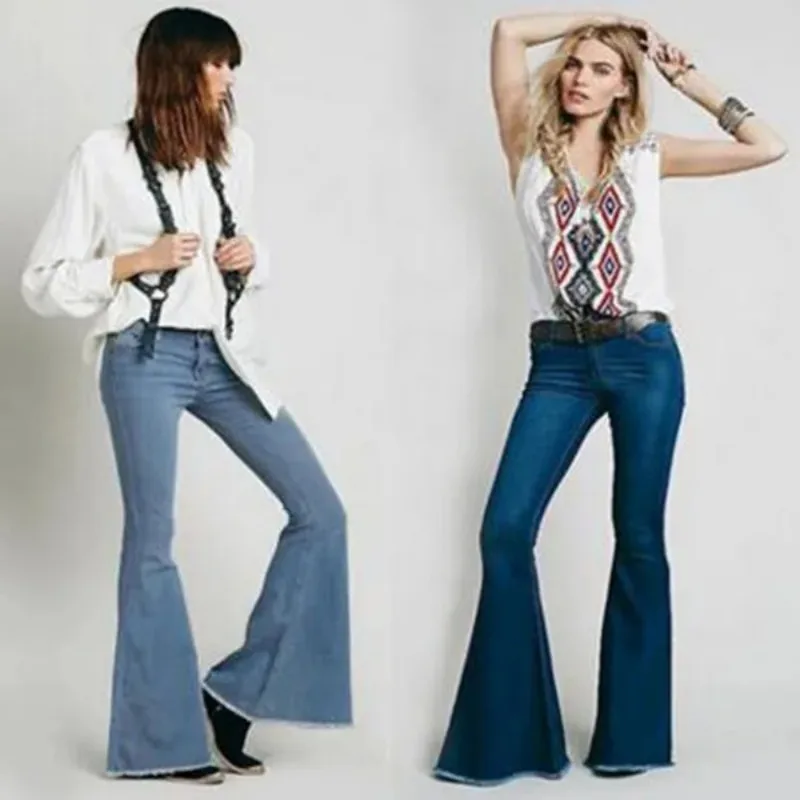 Women\'s Elegant Fashion High Waist Boot Cut Jeans Stretch Bell-Bottom Flare Denim Jeans Casual Wide Leg Pants Trousers Bottoms