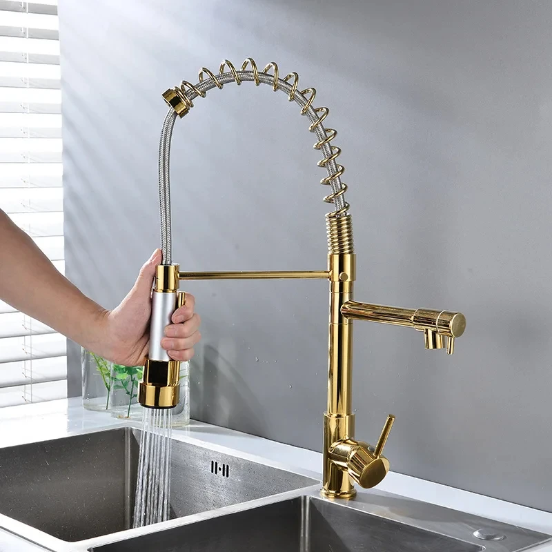 Kitchen Spring Pull Type Faucet All Copper Rotating And Stretching Sink Cold And Hot Water Purification Direct Drinking Dual