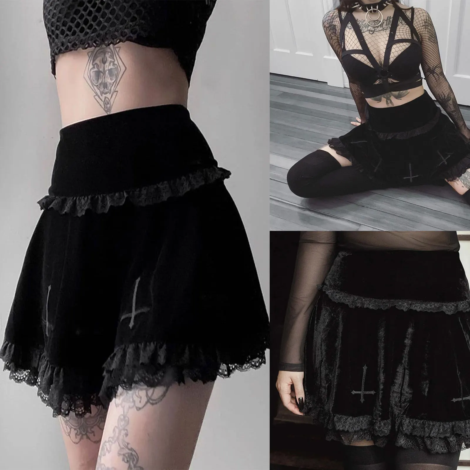 2024 Punk Cross Pattern Mini Skirt Y2K Grunge Gothic Black Lace High Waist Pleated A-line Skirt Vintage Women E-girl Clothes 2