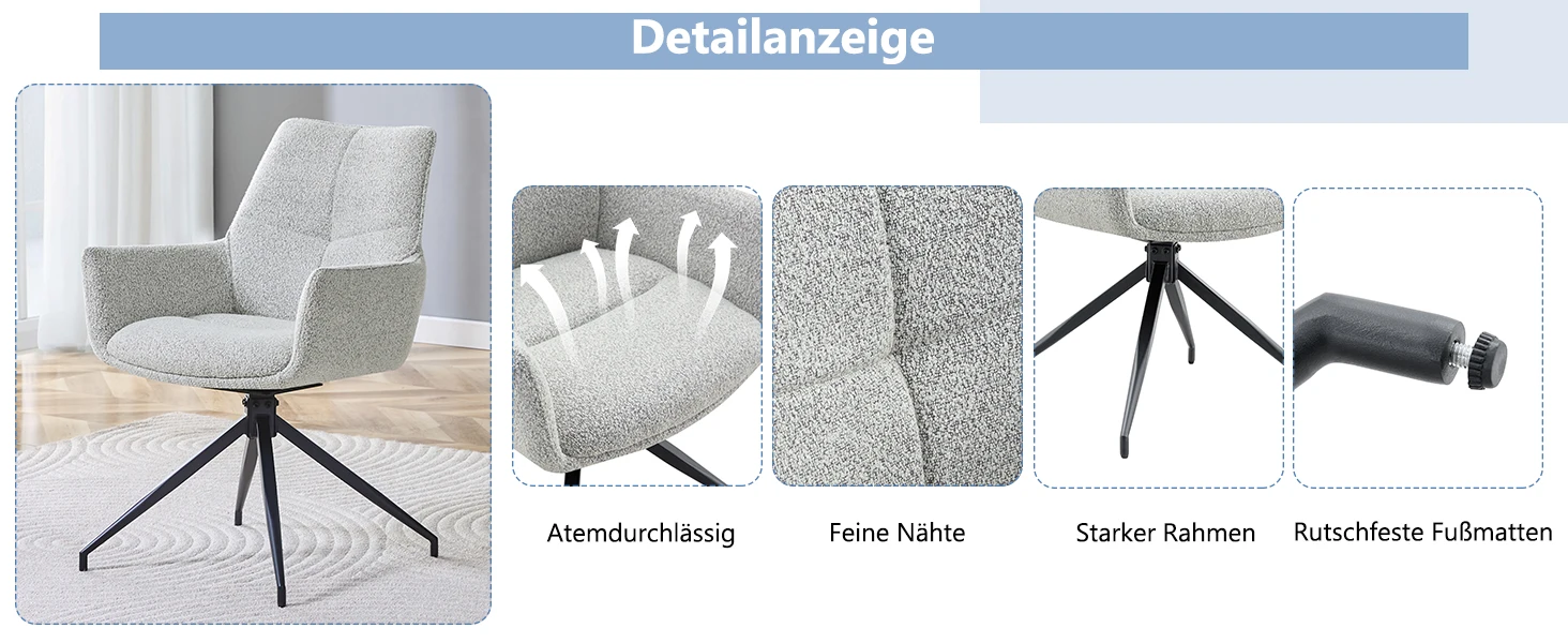 2er-Set] European 360 ° Drehbarer Polsterstuhl: Hellbeige-grauer Stoff + schwarz lackierte Metallbeine, atmungsaktiv und bequem – Detail 11